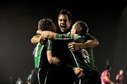 18 January 2008; Matt Mostyn, left, Connacht Rugby, is congratulated by team-mates Michael McCarthy and Conor O'Loughlin,9, after his try against Brive. European Challenge Cup, Pool 3, Round 6, Connacht Rugby v Brive, Sportsground, Galway. Picture credit; Matt Browne / SPORTSFILE *** Local Caption ***