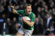 27 February 2010; Ireland's Tommy Bowe celebrates scoring his second and his side's third and winning try against England. RBS Six Nations Rugby Championship, England v Ireland, Twickenham Stadium, Twickenham, London, England. Picture credit: Brendan Moran / SPORTSFILE