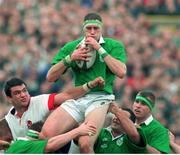 15 February 1997; Paddy Johns, Ireland, in action against Martin Johnson, England. Five Nations Rugby Championship, Ireland v England, Lansdowne Road, Dublin. Picture credit: David Maher / SPORTSFILE