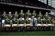 19 March 1983; The Ireland rugby team that won a share of The 1983 Five Nations Championship, back row, left to right, Fergus Slattery, Gerry &quot;Ginger&quot; McLoughlin, John O'Driscoll, Donal Lenihan, Moss Keane, Willie Duggan, Hugo MacNeill, and Phil Orr with front row, from left, Trevor Ringland, David Irwin, Michael Kiernan, Ciaran Fitzgerald, Moss Finn, Ollie Campbell, and Robbie McGrath before the Five Nations Rugby Championship match between Ireland and England at Lansdowne Road in Dublin. Photo by Ray McManus/Sportsfile