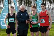 24 February 2015; Medallists in the Senior Boy's race, from left, silver medallist William Hynes, St Attractas CS, Tubbercurry, PJ Leddy, winner of the Senior Boys title 50 years ago, gold medallist Jamie Fallon, from Calasanctius College, Oranmore, and bronze medallist Tadhg McGinty, from SM&P, Swindford, at the GloHealth Connacht Schools Cross Country Championships. Sligo Race Course, Sligo. Picture credit: Oliver McVeigh / SPORTSFILE