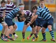 24 February 2015; Sam Dardis, Terenure College, is tackled by Emmet Reilly, left, and David Sinclair McCabe, Castleknock College. Bank of Ireland Leinster Schools Junior Cup, Quarter-Final, in association with Beauchamps Solicitors, Castleknock College v Terenure College, Donnybrook Stadium, Donnybrook, Dublin. Picture credit: Piaras Ó Mídheach / SPORTSFILE