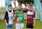 24 February 2015; Medallists in the Junior Boy's race, from left, silver medallist Sean O'Hanlon, from Rice College, Westport, gold medallist Oisin Lyons, from  Calasanctius College, Oranmore, and bronze medallist Aaron Brennan, from Colaiste Bhaile Chlair, at the GloHealth Connacht Schools Cross Country Championships. Sligo Race Course, Sligo. Picture credit: Oliver McVeigh / SPORTSFILE