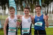 24 February 2015; Medallists in the Intermediate Boy's race, from left, silver medallist Eoghan MacLaughlin, from Rice College, Westport, gold medallist  Aaron Doherty from Rice College, Westport, and bronze medallist Finley Daly, from Abbey College, Boyle, at the GloHealth Connacht Schools Cross Country Championships. Sligo Race Course, Sligo. Picture credit: Oliver McVeigh / SPORTSFILE
