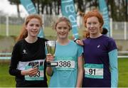 24 February 2015; Medallists in the Intermediate Girl's race, from left, silver medallist Anne Moroney, from Presentation College, Headford, gold medallist Aoife O'Brien, from Sacred Heart College Westport, and bronze medallist Caron Ryan from St Raphaels, Loughrea, at the GloHealth Connacht Schools Cross Country Championships. Sligo Race Course, Sligo. Picture credit: Oliver McVeigh / SPORTSFILE