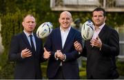 26 February 2015; TV3 has today announced that it will be the exclusive home of the 2015 Rugby World Cup. The Group confirmed today at a launch from The Merrion Hotel, Dublin, that all 48 matches will be shown free to air on TV3. TV3 also confirmed that TV3HD will arrive in August, and will be available on both Sky and UPC. Joining Keith Wood on TV3’s team of analysts is rugby coaching guru Matt Williams, Stuart Barnes of Sky Sports, former Ireland scrum half Peter Stringer, the soon to be retired Leinster flanker Shane Jennings, former Ireland international rugby union player Hugo MacNeill and legendary English World Cup winning flanker Neil Back. Irish sports commentator Conor McNamara, former Munster academy member Murray Kinsella and rugby analyst Liam Toland join Matt Cooper, TV3’s own Sinead Kissane and Dave McIntyre on the broadcaster’s presentation team. Pictured at the announcement are, from left, Neil Back, Keith Wood and Shane Jennings. The Merrion Hotel, Dublin. Picture credit: Pat Murphy / SPORTSFILE