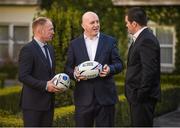 26 February 2015; TV3 has today announced that it will be the exclusive home of the 2015 Rugby World Cup. The Group confirmed today at a launch from The Merrion Hotel, Dublin, that all 48 matches will be shown free to air on TV3. TV3 also confirmed that TV3HD will arrive in August, and will be available on both Sky and UPC. Joining Keith Wood on TV3’s team of analysts is rugby coaching guru Matt Williams, Stuart Barnes of Sky Sports, former Ireland scrum half Peter Stringer, the soon to be retired Leinster flanker Shane Jennings, former Ireland international rugby union player Hugo MacNeill and legendary English World Cup winning flanker Neil Back. Irish sports commentator Conor McNamara, former Munster academy member Murray Kinsella and rugby analyst Liam Toland join Matt Cooper, TV3’s own Sinead Kissane and Dave McIntyre on the broadcaster’s presentation team. Pictured at the announcement are, from left, Neil Back, Keith Wood and Shane Jennings. The Merrion Hotel, Dublin. Picture credit: Pat Murphy / SPORTSFILE
