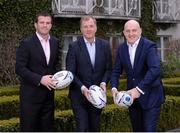 26 February 2015; TV3 has today announced that it will be the exclusive home of the 2015 Rugby World Cup. The Group confirmed today at a launch from The Merrion Hotel, Dublin, that all 48 matches will be shown free to air on TV3. TV3 also confirmed that TV3HD will arrive in August, and will be available on both Sky and UPC. Joining Keith Wood on TV3’s team of analysts is rugby coaching guru Matt Williams, Stuart Barnes of Sky Sports, former Ireland scrum half Peter Stringer, the soon to be retired Leinster flanker Shane Jennings, former Ireland international rugby union player Hugo MacNeill and legendary English World Cup winning flanker Neil Back. Irish sports commentator Conor McNamara, former Munster academy member Murray Kinsella and rugby analyst Liam Toland join Matt Cooper, TV3’s own Sinead Kissane and Dave McIntyre on the broadcaster’s presentation team. Pictured at the announcement are, from left, Shane Jennings, Hugo MacNeill and Keith Wood. The Merrion Hotel, Dublin. Picture credit: Pat Murphy / SPORTSFILE