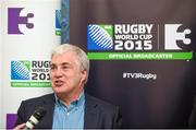26 February 2015; TV3 has today announced that it will be the exclusive home of the 2015 Rugby World Cup. The Group confirmed today at a launch from The Merrion Hotel, Dublin, that all 48 matches will be shown free to air on TV3. TV3 also confirmed that TV3HD will arrive in August, and will be available on both Sky and UPC. Joining Keith Wood on TV3’s team of analysts is rugby coaching guru Matt Williams, Stuart Barnes of Sky Sports, former Ireland scrum half Peter Stringer, the soon to be retired Leinster flanker Shane Jennings, former Ireland international rugby union player Hugo MacNeill and legendary English World Cup winning flanker Neil Back. Irish sports commentator Conor McNamara, former Munster academy member Murray Kinsella and rugby analyst Liam Toland join Matt Cooper, TV3’s own Sinead Kissane and Dave McIntyre on the broadcaster’s presentation team. Pictured at the announcement is Stuart Barnes. The Merrion Hotel, Dublin. Picture credit: Pat Murphy / SPORTSFILE