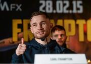 26 February 2015; Boxer Carl Frampton gestures during a press conference ahead of his defence of his IBF World Super Bantamweight title fight against Chris Avalos from USA on Saturday night. Europa Hotel, Belfast, Co. Antrim. Picture credit: Oliver McVeigh / SPORTSFILE