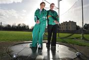 23 January 2008; Irish Olympic hammer hopeful Eileen O'Keeffe, right, with Aoife Hickey, Loreto College, Kilkenny, pictured at the launch of 2008 KitKat Irish Schools' Athletics programme of events. This year over 26,000 students from over 850 secondary schools nationwide will take part in the KitKat Irish Schools' Athletics championships which have been the starting point for world renowned athletics stars such as Sonia O'Sullivan and Eamon Coghlan. Launch of 2008 KitKat Irish Schools' Athletics Events, Belfield, UCD, Dublin. Picture credit; David Maher / SPORTSFILE