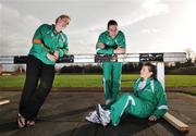 23 January 2008; Irish Olympic hammer hopeful Eileen O'Keeffe, left, with Aoife Hickey, Loreto College, Kilkenny, and Brian Gregan, St.Mark's Community school, Tallaght, Co. Dublin, pictured at the launch of 2008 KitKat Irish Schools' Athletics programme of events. This year over 26,000 students from over 850 secondary schools nationwide will take part in the KitKat Irish Schools' Athletics championships which have been the starting point for world renowned athletics stars such as Sonia O'Sullivan and Eamon Coghlan. Launch of 2008 KitKat Irish Schools' Athletics Events, Belfield, UCD, Dublin. Picture credit; David Maher / SPORTSFILE