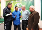 26 January 2008; Delegates, from left, Packie Bonner, FAI Technical Director, Ricardo Moniz, Tottenham Hotspur, Nigel Worthington, Northern Ireland manager, and Roy Millar, IFA Director of Coaching, in conversation during the second day of the inaugural 'Watering the Grassroots Coaching Conference', hosted by the Football Association of Ireland, in co-operation with the Irish Football Association. The conference will run from the 25th January to the 27th January 2008 in the Fairways Hotel & Conference Centre, Dundalk, Co. Louth. Picture credit: Pat Murphy / SPORTSFILE *** Local Caption ***