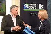 26 February 2015; TV3 has today announced that it will be the exclusive home of the 2015 Rugby World Cup. The Group confirmed today at a launch from The Merrion Hotel, Dublin, that all 48 matches will be shown free to air on TV3. TV3 also confirmed that TV3HD will arrive in August, and will be available on both Sky and UPC. Joining Keith Wood on TV3’s team of analysts is rugby coaching guru Matt Williams, Stuart Barnes of Sky Sports, former Ireland scrum half Peter Stringer, the soon to be retired Leinster flanker Shane Jennings, former Ireland international rugby union player Hugo MacNeill and legendary English World Cup winning flanker Neil Back. Irish sports commentator Conor McNamara, former Munster academy member Murray Kinsella and rugby analyst Liam Toland join Matt Cooper, TV3’s own Sinead Kissane and Dave McIntyre on the broadcaster’s presentation team. Pictured at the announcement are Brett Gosper, IRB CEO, and Sinead Kissane. The Merrion Hotel, Dublin. Picture credit: Pat Murphy / SPORTSFILE