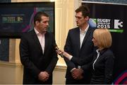26 February 2015; TV3 has today announced that it will be the exclusive home of the 2015 Rugby World Cup. The Group confirmed today at a launch from The Merrion Hotel, Dublin, that all 48 matches will be shown free to air on TV3. TV3 also confirmed that TV3HD will arrive in August, and will be available on both Sky and UPC. Joining Keith Wood on TV3’s team of analysts is rugby coaching guru Matt Williams, Stuart Barnes of Sky Sports, former Ireland scrum half Peter Stringer, the soon to be retired Leinster flanker Shane Jennings, former Ireland international rugby union player Hugo MacNeill and legendary English World Cup winning flanker Neil Back. Irish sports commentator Conor McNamara, former Munster academy member Murray Kinsella and rugby analyst Liam Toland join Matt Cooper, TV3’s own Sinead Kissane and Dave McIntyre on the broadcaster’s presentation team. Pictured at the announcement are, from left, Shane Jennings, Murray Kinsella and Sinead Kissane. The Merrion Hotel, Dublin. Picture credit: Pat Murphy / SPORTSFILE
