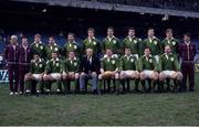 15 February 1986; Ireland rugby team. Back row, left to right, Trevor Ringland, A.P. Kennedy, Des Fitzgerald, Brian Spillane, Donal Lenihan, Jerry Holland, Ronan Kearney, and Hugo MacNeill. Bottom, l to r, Michael Bradley, Paul Dean, Brendan Mullin, Mick Cuddy, Chariman of the Selection Committee, Ciaran Fitzgerald, Michael Kiernan, Moss Finn, and Nigel Carr. Ireland v Wales. Lansdowne Road. Ireland 12 Wales 19. Picture credit: SPORTSFILE