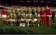 21 January 1984; Ireland Rugby team. Back row, left to right, Fergus Slattery, Rory Moroney, Trevor Ringland, Gerry &quot;Ginger&quot; McLoughlin, Donal Lenihan, Moss Keane, Willie Duggan, John O'Driscoll, Phil Orr,  and Hugo MacNeill. Bottom, l to r, David Irwin, Ollie Campbell, Gerald Reidy, Ciaran Fitzgerald, Robbie McGrath, and Keith Crossan. Ireland v France team. Parc des Princes. Ireland 12 France 25. Picture credit: SPORTSFILE