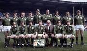 20 March 1982; Ireland Rugby team. Back row, left to right, Fergus Slattery, Trevor Ringland, Gerry &quot;Ginger&quot; McLoughlin, John O'Driscoll, Donal Lenihan, Moss Keane, Ronan Kearney, Phil Orr, and Hugo MacNeill. Bottom, l to r, Robbie McGrath, Paul Dean, Michael Kiernan, Ciaran Fitzgerald, John Moore, Moss Finn, and Ollie Campbell. Ireland v France. Parc des Princes. Ireland 9 France 22. Picture credit: SPORTSFILE