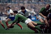 2 March 1985; Michael Bradley, Ireland, dives with the ball. Ireland v France. Lansdowne Road. Ireland 15 France 15. Picture credit: SPORTSFILE