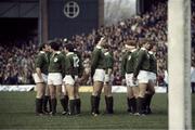 6 February 1982; Donal Lenihan, center, Ollie Campbell, right, Trevor Ringland, second from right, Gerry &quot;Ginger&quot; McLoughlin and the Irish rugby team stands together on the pitch. Ireland v England rugby. Twickernham. Ireland 16 England 15. Picture credit: SPORTSFILE