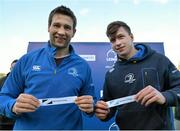 26 February 2015; Leinster player Kevin McLaughlin, left, drew out the name of Belvedere College, while teammate Brendan Macken drew out the name of Blackrock College, during the Bank of Ireland Leinster Schools Junior Cup Semi-Final Draw, in association with Beauchamps Solicitors. Donnybrook, Dublin. Picture credit: Piaras O Midheach / SPORTSFILE