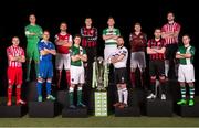 27 February 2015; Players from each of the SSE Airtricity League Premier division teams are from left, Keith Ward, Sligo Rovers, Micheál Schlingermann, Drogheda United, Shane Duggan, Limerick F.C, Ger O'Brien, St.Patrick's Athletic, John Dunleavy, Cork City, Jason Byrne, Bohemians F.C, Conor Kenna, Shamrock Rovers, Stephen O'Donnell, Dundalk F.C, Paul Sinnott, Galway United, Mark Sammon, Longford Town, Ryan McBride, Derry City and David Cassidy, Bray Wanderers, during the launch of the SSE Airtricity League. Aviva Stadium, Lansdowne Road, Dublin. Picture credit: David Maher / SPORTSFILE