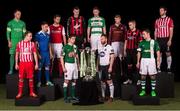 27 February 2015; Players from each of the SSE Airtricity League Premier division teams are from left, Keith Ward, Sligo Rovers, Micheál Schlingermann, Drogheda United, Shane Duggan, Limerick F.C, Ger O'Brien, St.Patrick's Athletic, John Dunleavy, Cork City, Jason Byrne, Bohemians F.C, Conor Kenna, Shamrock Rovers, Stephen O'Donnell, Dundalk F.C, Paul Sinnott, Galway United, Mark Sammon, Longford Town, Ryan McBride, Derry City and David Cassidy, Bray Wanderers, during the launch of the SSE Airtricity League. Aviva Stadium, Lansdowne Road, Dublin. Picture credit: David Maher / SPORTSFILE