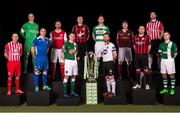 27 February 2015; Players from each of the SSE Airtricity League Premier division teams are from left, Keith Ward, Sligo Rovers, Micheál Schlingermann, Drogheda United, Shane Duggan, Limerick F.C, Ger O'Brien, St.Patrick's Athletic, John Dunleavy, Cork City, Jason Byrne, Bohemians F.C, Conor Kenna, Shamrock Rovers, Stephen O'Donnell, Dundalk F.C, Paul Sinnott, Galway United, Mark Sammon, Longford Town, Ryan McBride, Derry City and David Cassidy,Bray Wanderers,  during the launch of the SSE Airtricity League. Aviva Stadium, Lansdowne Road, Dublin. Picture credit: David Maher / SPORTSFILE