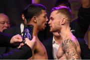 27 February 2015; Carl Frampton, right, faces off against Chris Avalos ahead of their IBF Super-bantamweight World Title fight. Europa Hotel, Belfast, Co. Antrim. Picture credit: Ramsey Cardy / SPORTSFILE