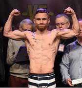 27 February 2015; Carl Frampton weighs-in for the defence of his IBF Super-bantamweight World Title against Chris Avalos. Europa Hotel, Belfast, Co. Antrim. Picture credit: Ramsey Cardy / SPORTSFILE