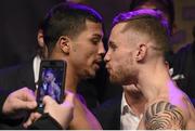 27 February 2015; Carl Frampton, right, faces off against Chris Avalos ahead of their IBF Super-bantamweight World Title fight. Europa Hotel, Belfast, Co. Antrim. Picture credit: Ramsey Cardy / SPORTSFILE