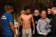 27 February 2015; Chris Avalos weighs in for his IBF Super-bantamweight World Title fight against Carl Frampton. Europa Hotel, Belfast, Co. Antrim. Picture credit: Ramsey Cardy / SPORTSFILE