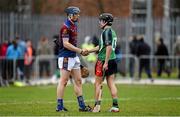 27 February 2015; Clare hurling team-mates David McInerney, UL, and David Reidy, LIT, exchange a handshake after the game. Independent.ie Fitzgibbon Cup Semi-Final, University of Limerick v Limerick IT. Limerick IT, Limerick. Picture credit: Diarmuid Greene / SPORTSFILE