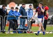 27 February 2015; Jack Browne, UL, leaves the pitch after being shown a straight red card by referee James McGrath. Independent.ie Fitzgibbon Cup Semi-Final, University of Limerick v Limerick IT. Limerick IT, Limerick. Picture credit: Diarmuid Greene / SPORTSFILE