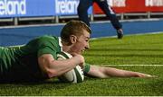 27 February 2015; Stephen Fitzgerald, Ireland, scores his side's first try against England. U20's Six Nations Rugby Championship, Ireland v England. Donnybrook Stadium, Donnybrook, Dublin. Picture credit: Brendan Moran / SPORTSFILE