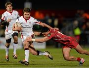 27 February 2015; Michael Allen, Ulster, is tackled by Regan King, Scarlets. Guinness PRO12 Round 16, Ulster v Scarlets. Kingspan Stadium, Ravenhill Park, Belfast. Picture credit: Oliver McVeigh / SPORTSFILE