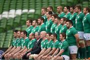 28 February 2015; The Ireland team pose for a team photograph with IRFU President Louis Magee before their captain's run. Aviva Stadium, Lansdowne Road, Dublin. Picture credit: Brendan Moran / SPORTSFILE