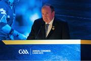 28 February 2015; The outgoing Uachtarán Chumann Lúthchleas Gael Liam Ó Néill delivers his final address to the GAA Annual Congress 2015. Slieve Russell Hotel, Cavan. Picture credit: Ray McManus / SPORTSFILE