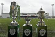 28 February 2015; A general view of the Airtricity League Cup, left, Presidents Cup, centre, and FAI Cup before the game. Presidents Cup Final, Dundalk FC v St. Patrick's Athletic. Oriel Park, Dundalk, Co. Louth.  Photo by Sportsfile