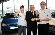 21 January 2008; Pictured are PFAI/Ford Premier Division Player of the Year, Brian Shelley, right, and PFAI/Ford First Division Player of the Year, Conor Gethins receiving their brand new Ford Focus cars from Ford’s Regional Manager Martin Canniffe. Shelley, Drogheda United and Gethins, Finn Harps, both have the use of the Ford Focus cars for the year after winning their respective Ford/PFAI Awards in November. Airside Ford, Airside Motor Park, Nevinstown, Swords, Dublin. Picture credit: Brian Lawless / SPORTSFILE