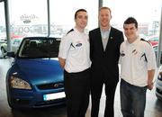 21 January 2008; Stephen McGuinness, Chairman PFAI, with PFAI/Ford Premier Division Player of the Year, Brian Shelley, left, and PFAI/Ford First Division Player of the Year, Conor Gethins, after receiving their brand new Ford Focus cars. Shelley, Drogheda United and Gethins, Finn Harps, both have the use of the Ford Focus cars for the year after winning their respective Ford/PFAI Awards in November. Airside Ford, Airside Motor Park, Nevinstown, Swords, Dublin. Picture credit: Brian Lawless / SPORTSFILE