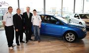 21 January 2008; Martin Caniffe, Regional Manager Ford, and Stephen McGuinness, second from right, Chairman PFAI, with PFAI/Ford Premier Division Player of the Year, Brian Shelley, left, and PFAI/Ford First Division Player of the Year, Conor Gethins, right, receiving their brand new Ford Focus cars. Shelley, Drogheda United and Gethins, Finn Harps, both have the use of the Ford Focus cars for the year after winning their respective Ford/PFAI Awards in November. Airside Ford, Airside Motor Park, Nevinstown, Swords, Dublin. Picture credit: Brian Lawless / SPORTSFILE