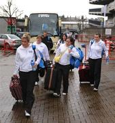 22 January 2008; Members of the 2006 and 2007 All-Star Team's, including Brid Stack, Cork, left, Gemma Begley, Tyrone, and Sinead Dooley, Meath, right, make their way to the bus ahead of the O'Neills/TG4 Ladies Gaelic Football All-Star Team's departure to Dubai where they will play an exhibition match between the 2006 and 2007 All-Star selections this coming Saturday. Jurys Croke Park Hotel, Croke Park, Jones Road, Dublin. Picture credit: Stephen McCarthy / SPORTSFILE