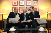 24 January 2008; John Treacy, CEO of the Irish Sports Council, centre, in conversation with President of the GAA Nickey Brennan, left, and CEO of Athletics Ireland Brendan Hackett, at the announcement of details of the Irish Sports Council Budget for 2008. The wide range of Irish sports, from angling to volleyball, gathered today to hear the Minister for Arts, Sport and Tourism, Mr. Seamus Brennan T.D. announce Ä13.5 million in funding for governing bodies for 2008. Conrad Dublin Hotel, Earlsfort Terrace, Dublin. Picture credit: Brian Lawless / SPORTSFILE