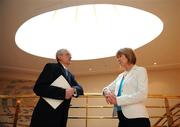 24 January 2008; John Treacy, CEO of the Irish Sports Council, left, in conversation with Mary Davis, CEO Special Olympics Ireland, at the announcement of details of the Irish Sports Council Budget for 2008. The wide range of Irish sports, from angling to volleyball, gathered today to hear the Minister for Arts, Sport and Tourism, Mr. Seamus Brennan T.D. announce Ä13.5 million in funding for governing bodies for 2008. Conrad Dublin Hotel, Earlsfort Terrace, Dublin. Picture credit: Brian Lawless / SPORTSFILE
