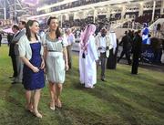 24 January 2008; Members of the Ladies All-Star football team Briege Corkery, left, Cork, and Sarah McLoughlin, from Leitrim, in the parade ring during the evening's racing. O'Neills/TG4 Ladies Gaelic Football All Star Tour 2007, Nad Al Sheba Racecourse, Dubai, United Arab Emirates. Picture credit: Brendan Moran / SPORTSFILE  *** Local Caption ***