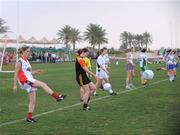 25 January 2008; Claire O'Hara, left, Mayo, and Bronagh O'Donnell, Armagh, in action during squad training. O'Neills/TG4 Ladies Gaelic Football All Star Tour 2007, Dubai Polo and Equestrian Club, Dubai, United Arab Emirates. Picture credit: Brendan Moran / SPORTSFILE  *** Local Caption ***