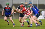 27 February 2015; Bill Cooper, CIT, in action against Jack Langton, Ger Teehan, Tom Fox, and Harry Kehoe, WIT. Independent.ie Fitzgibbon Cup Semi-Final, Cork IT v Waterford IT. Limerick IT, Limerick. Picture credit: Diarmuid Greene / SPORTSFILE