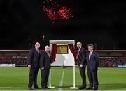 28 February 2015; Minister for Agriculture, Food, the Marine and Defence Simon Coveney T.D, second from right, with, from left, Munster Rugby Branch, Development Committee Chairman Denis Kelleher, Munster President Mick Goggin and Group Marketing Director at Independent Newspapers Geoff Lyons during the official opening of Irish Independent Park. Guinness PRO12, Round 16, Munster v Glasgow Warriors. Irish Independent Park, Cork. Picture credit: Matt Browne / SPORTSFILE