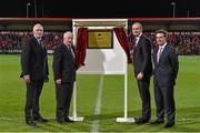 28 February 2015; Minister for Agriculture, Food, the Marine and Defence Simon Coveney T.D, second from right, with, from left, Munster Rugby Branch, Development Committee Chairman Denis Kelleher, Munster President Mick Goggin and Group Marketing Director at Independent Newspapers Geoff Lyons during the official opening of Irish Independent Park. Guinness PRO12, Round 16, Munster v Glasgow Warriors. Irish Independent Park, Cork. Picture credit: Matt Browne / SPORTSFILE